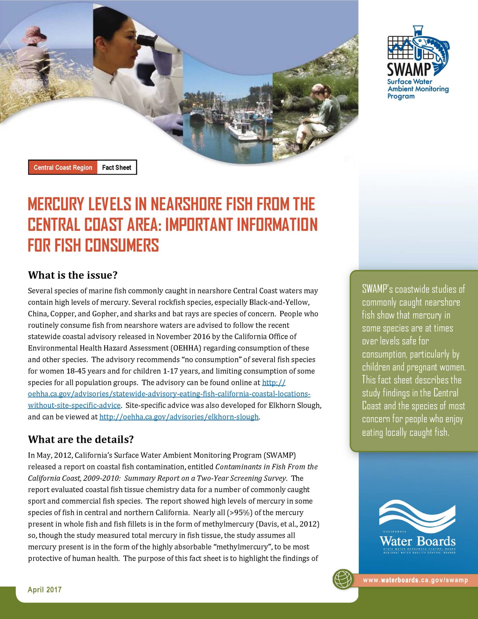 Mercury levels in nearshore fish from the Central Coast area Important