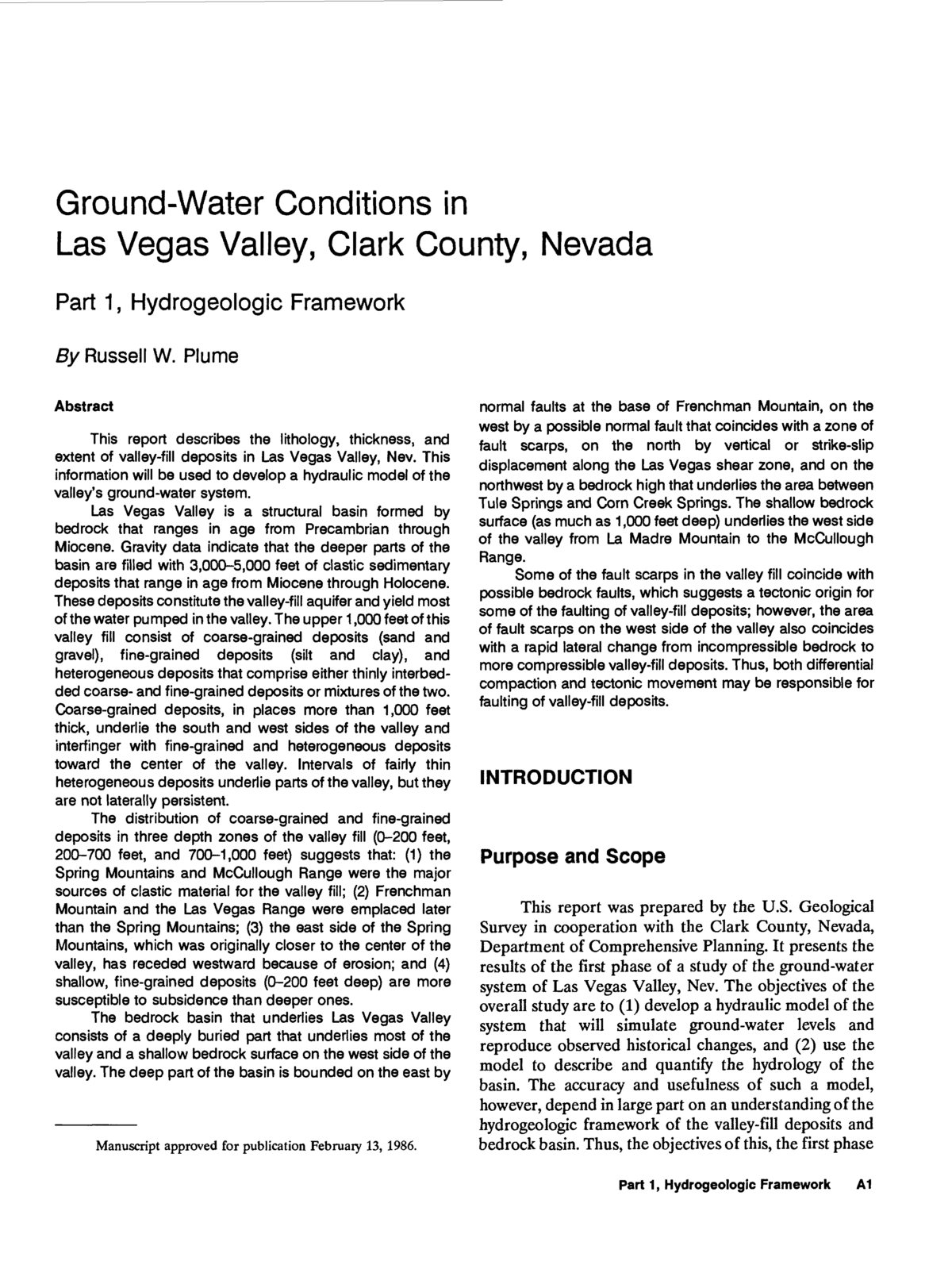 GroundWater Conditions in Las Vegas Valley, Clark County, Nevada, Part 1, Hydrogeologic