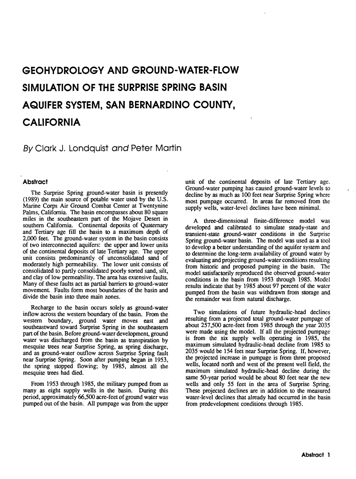 Geohydrology and ground-water-flow simulation of the Surprise Spring ...
