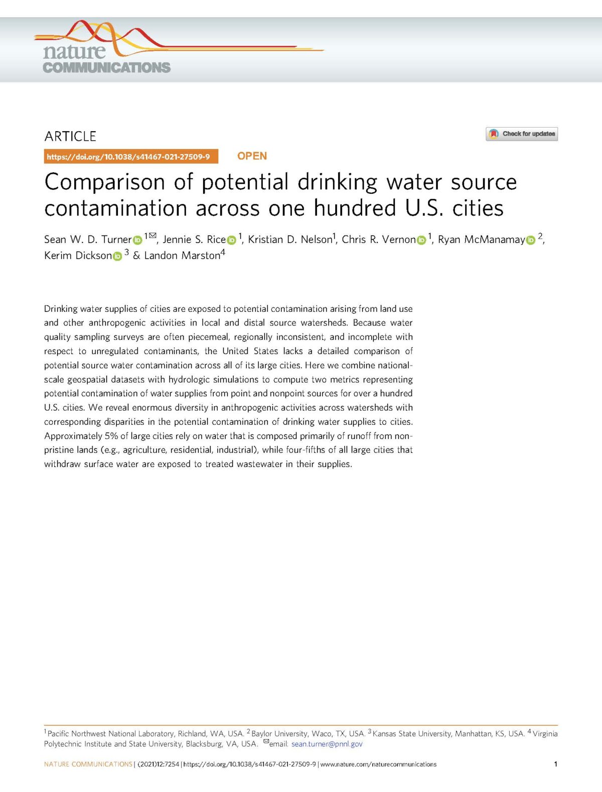Comparison of potential drinking water source contamination across one hundred U.S. cities