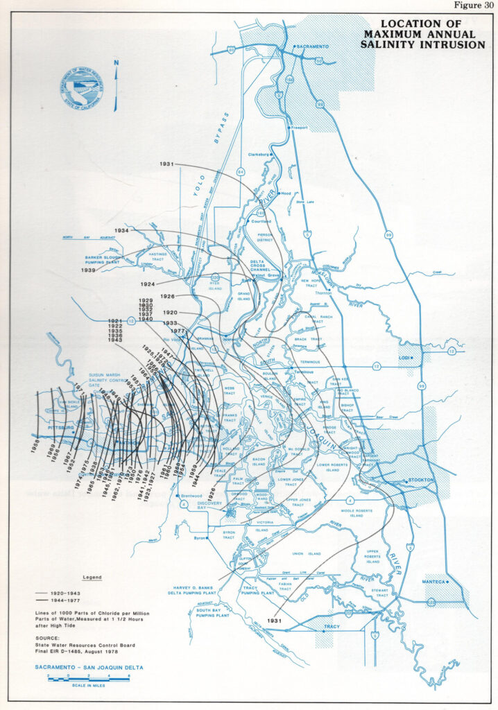 Salt water intrusions in the Delta before Shasta Dam and the Central Valley Project. Image: Delta Atlas.